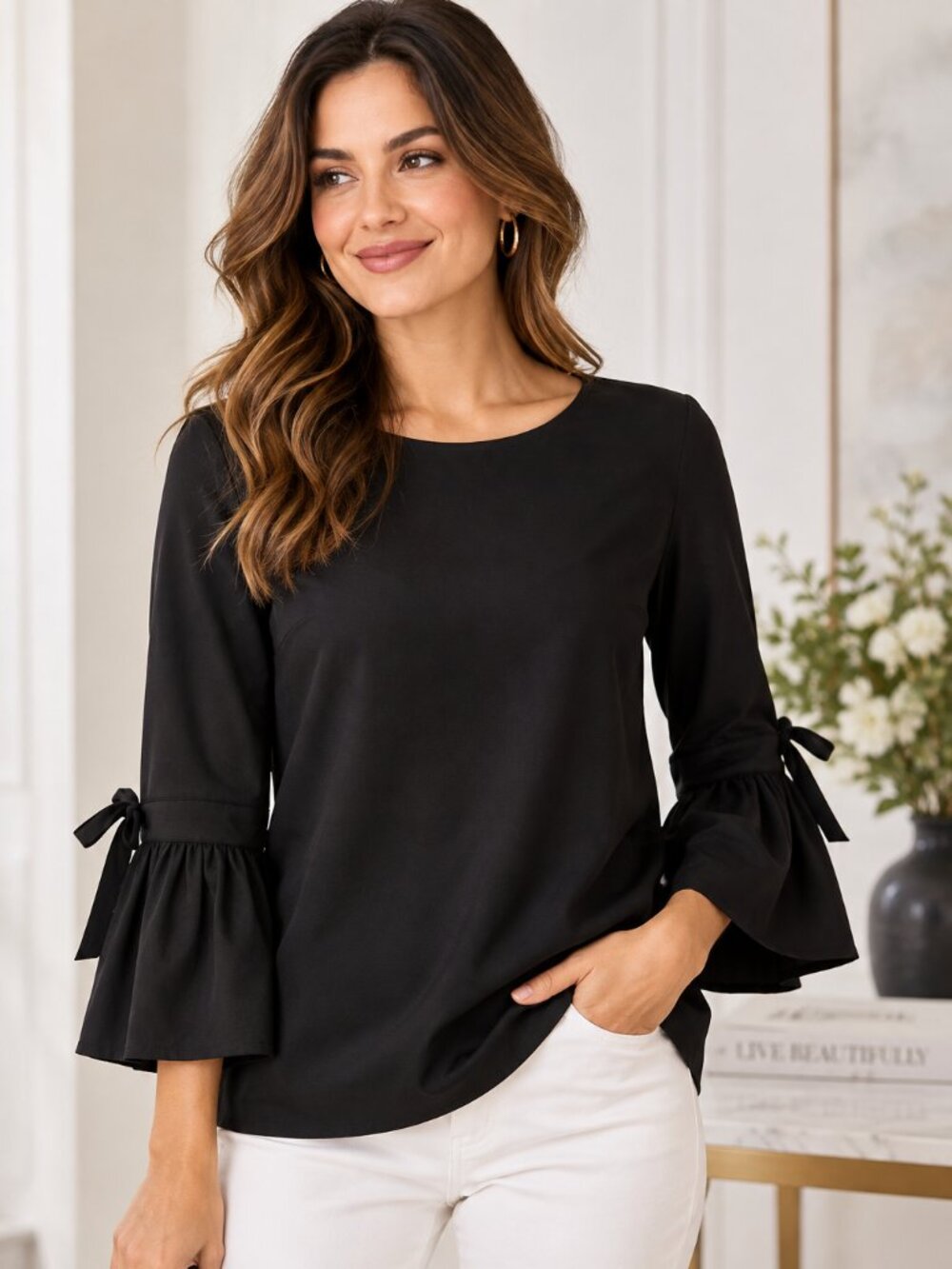 Liz Claiborne Black Bell Sleeve Blouse NWT Size S MSRP $44